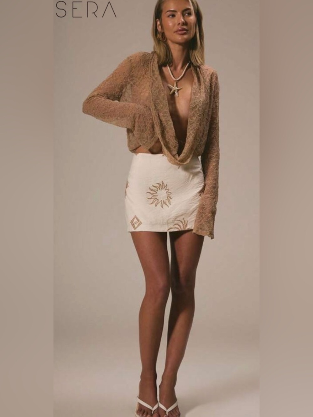Musera Mini Skirt Cream Brown Embroidered Sun Print Y2K Coastal Cowgirl